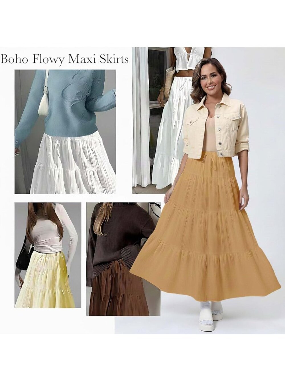 Women's Boho Flowy Khaki Maxi Skirt Flared Ruffle A Line Spring Long Skirts - Picture 5 of 6